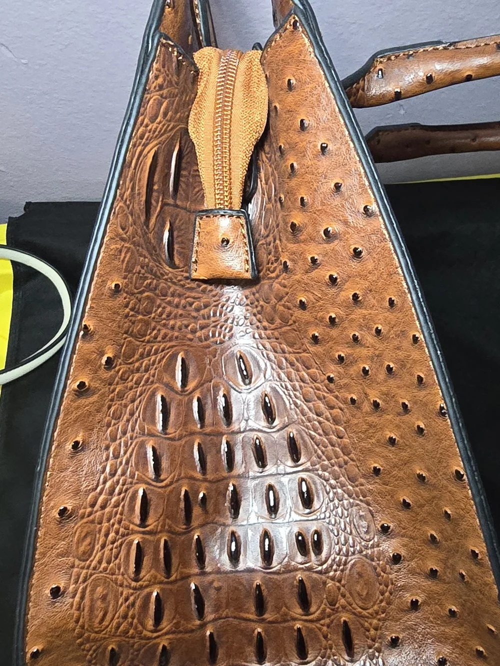 Brown Croc-Embossed Satchel with Bee Accent
